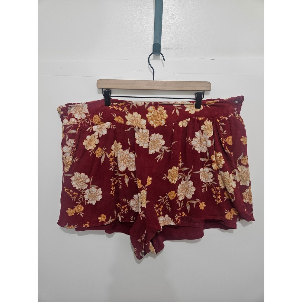 Torrid Womens Plus Size 4 Floral Smocked Waist‎ Rayon Shorts Burgundy Red 4X